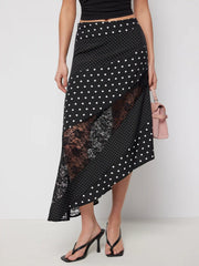 Satin Low Rise Polka Dot Lace Panel Asymmetrical Flared Midi Skirt