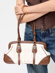 TWO-TONE NYLON & FAUX LEATHER SHOULDER BAG