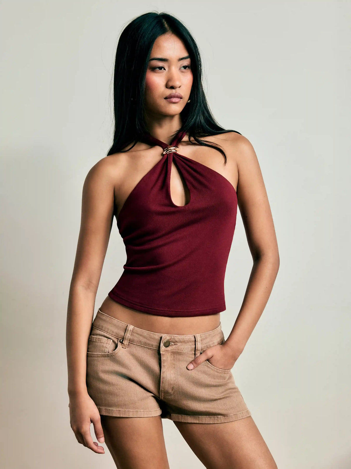 Halter Neck Tie Front Metal Detail Slim Top