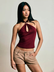 Halter Neck Tie Front Metal Detail Slim Top
