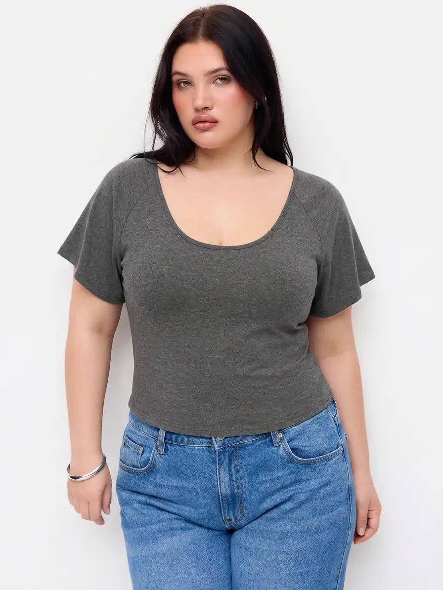 Viscose Scoop Neck Backless Middle Sleeve Top Curve & Plus
