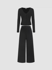 Long Sleeve Button Top & Middle Waist Trousers Loungewear Set