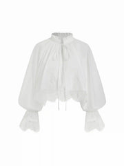 Cotton-blend V-neck Lace Panel Ruffle sleeve Oversized Crop Blouse