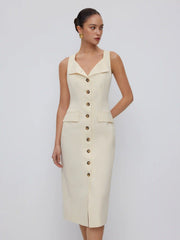 Cotton Square Neck Button Through Tie Back Straight Midi Dress