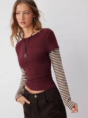Cotton Striped Round Neckline Colorblock Top