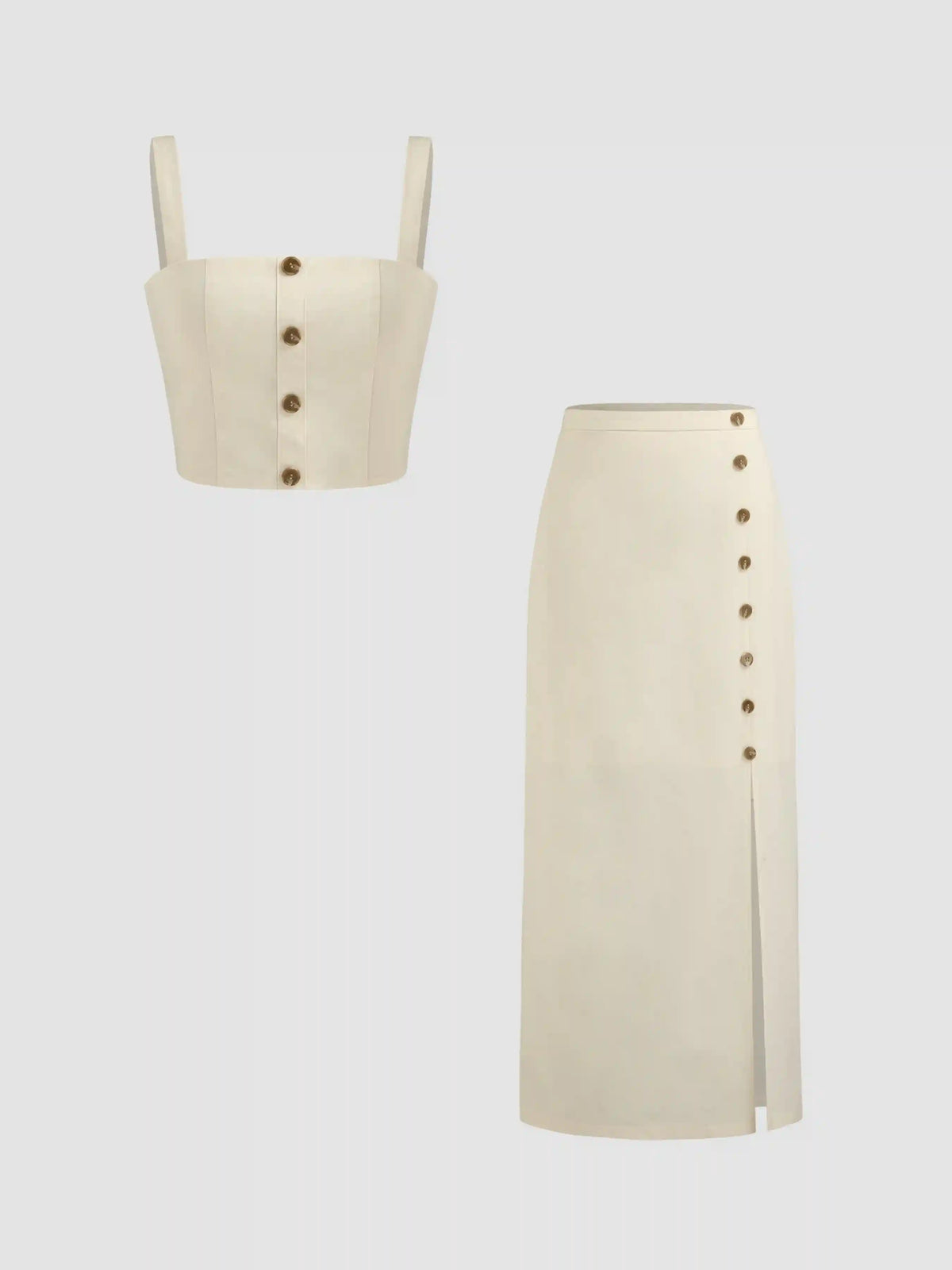 Linen Square Neck Button Crop Top With High Rise Button Split Maxi Skirt