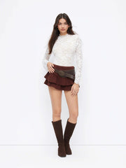 Floral Lace Stand Collar Ruffle Long Sleeve Bodysuit