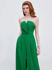 Woven Solid Shirred Pleated Straight Leg Jumpsuit