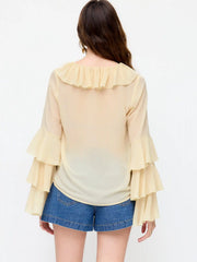 Chiffon V-Neck Ruffled Tiered Sleeve Oversized Blouse