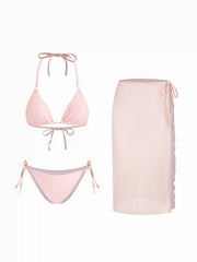 Conjunto de bikini de tres piezas con escote halter y sarong transparente