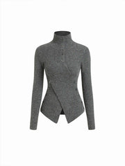Knit Stand Collar Long Sleeve Wrap Split Button Top