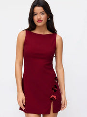 Boat Neck Floral Split Mini Dress