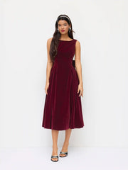 Velvet Boat Neck Bowknot Backless Midi Dress