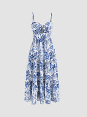 V-neck Landscape Painting Cut Out Knotted Cami Midi Dress