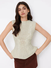 Cable Knit Round Neckline Cinched Waist Longline Vest