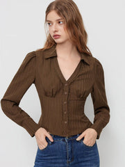 Striped Collar V-neck Long Sleeve Lace Trim Tie Back Blouse