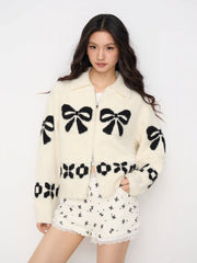 Knit Wool-blend Bowknot Collar Long Sleeve Zip Through Oversized Cardigan
