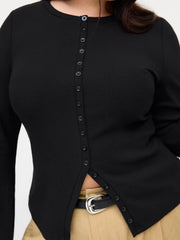 Cotton-blend Round Neckline Button Up Bell Sleeve Top Curve & Plus