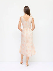Satin V Neck Floral Mermaid Maxi Dress with Shoulder Bowknot