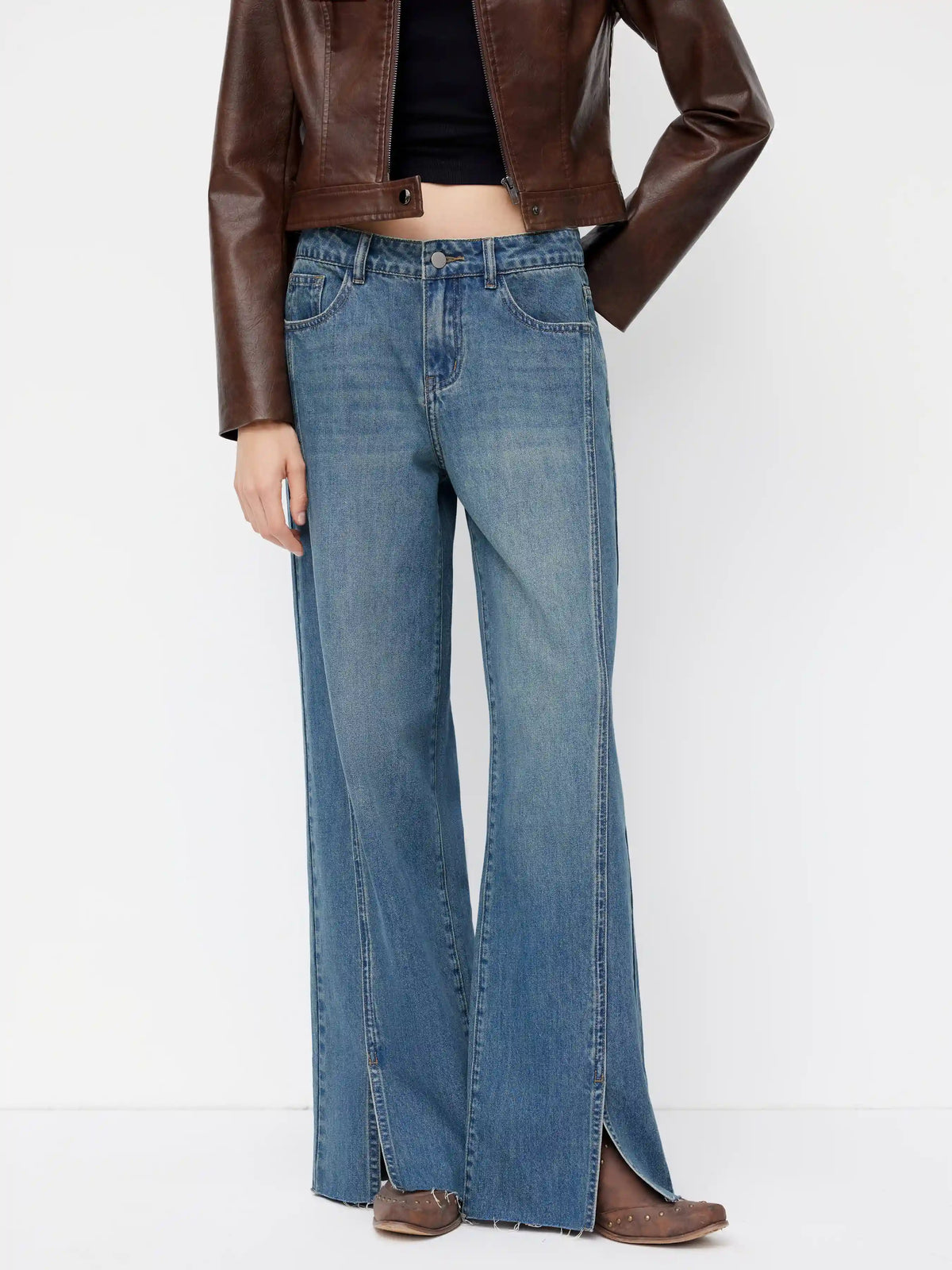 Denim Low Rise Split Straight Leg Jeans