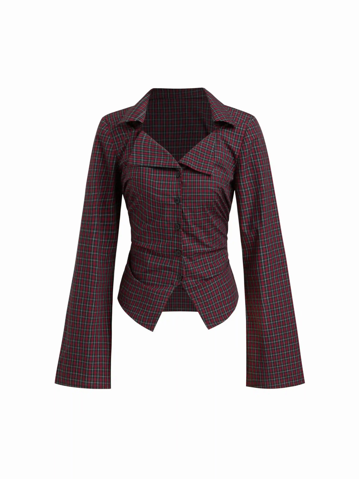 Cotton-blend Collar Tartan Ruched Bell Sleeve Shirt