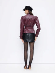Faux Leather Funnel Neck Long Sleeve Double Breasted Shacket With Belt