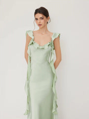 Two Way Satin V-neck Backless Ruffle Hem Maxi Dress