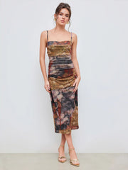 Mesh Cowl Neck Floral Ruched Cami Maxi Dress