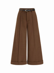 Wool-look Mid Rise Roll Hem Cropped Trousers With Belt