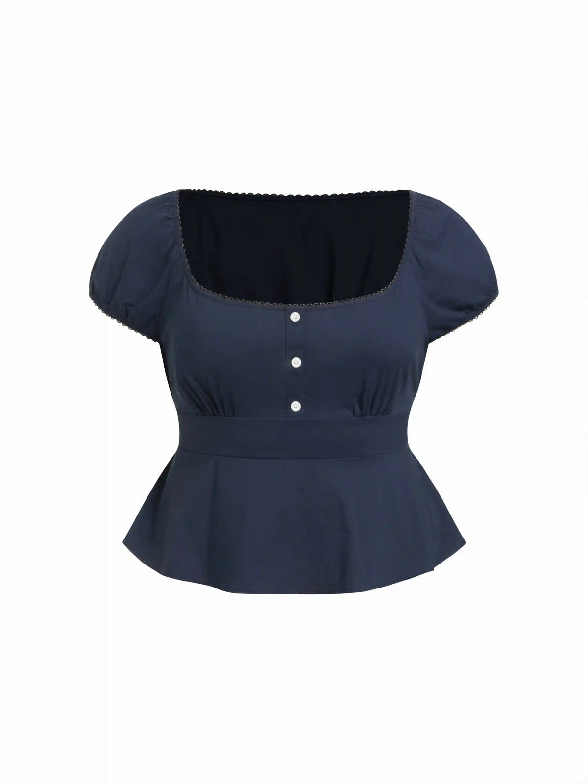Cotton-blend Scoop Neckline Puff Sleeve Ruched Lace Trim Blouse Curve & Plus