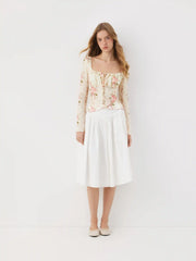 Mesh Square Neck Floral Lettuce Trim Drawstring Ruched Long Sleeve Top