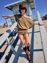Asymmetrical Neck Drawstring Ruched Tie Back Romper