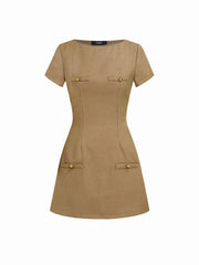 Jacquard Round Neckline Houndstooth Mini Dress With Metal Detail