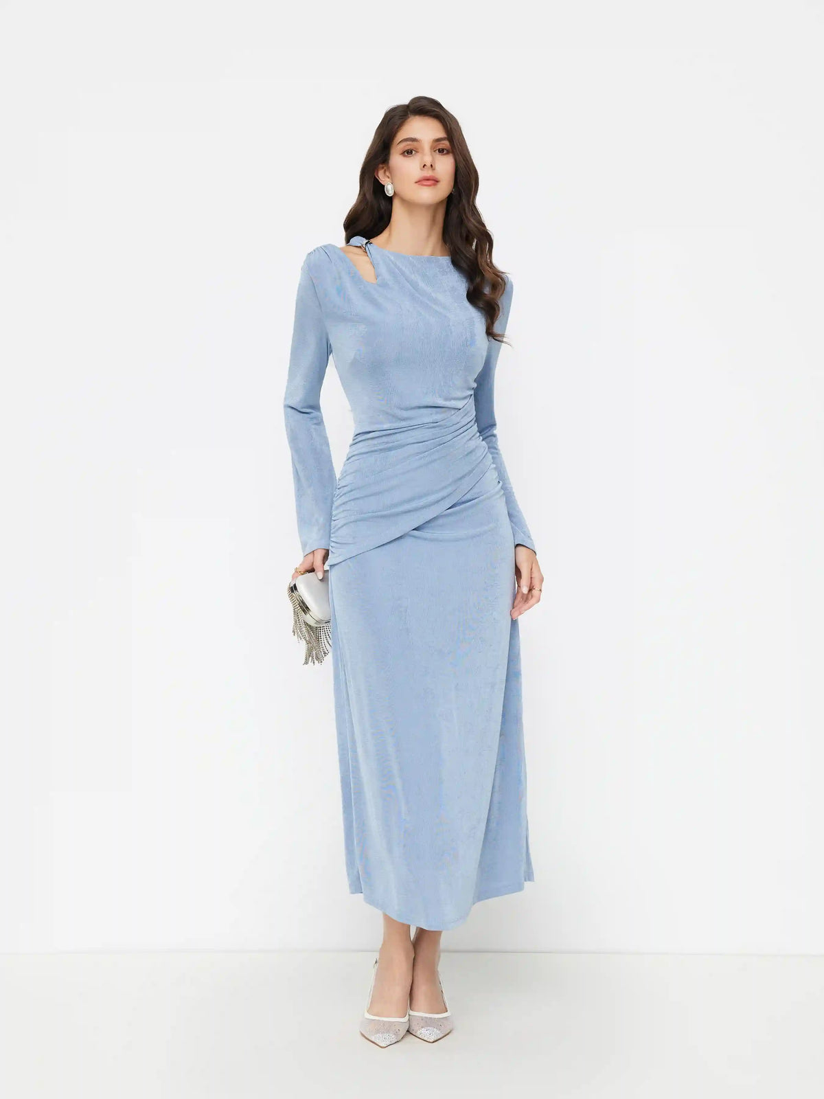 Asymmetrical Neck Ruched Texture Metal Maxi Dress