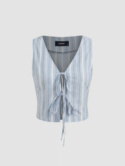 Cotton-blend V-neck Striped Tie Front Crop Vest & Mid Rise Striped Ruffle Midi Skirt