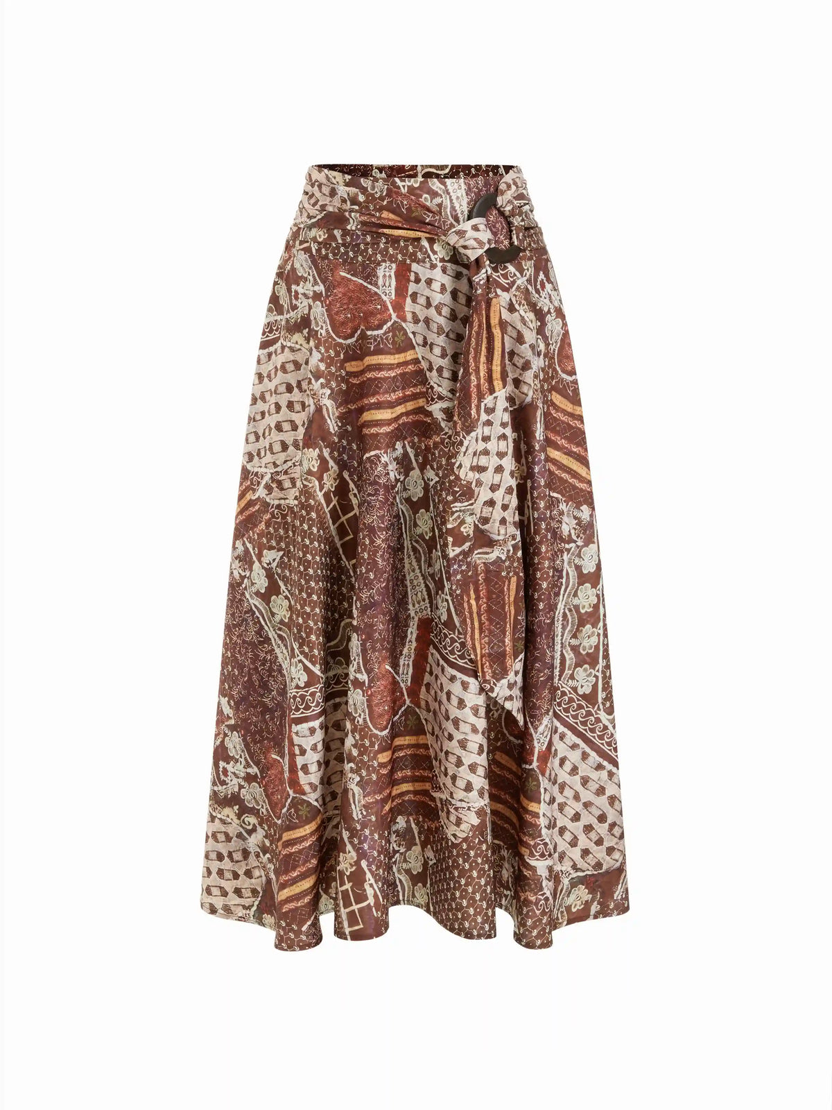 Floral Mid Rise Tribal Print Belted Flared Maxi Skirt