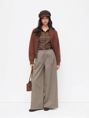 Jacquard Low Rise Houndstooth Pleated Wide Leg Trousers With Belt