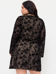Mesh V-neck Floral Bow Long Sleeve Mini Dress Curve & Plus