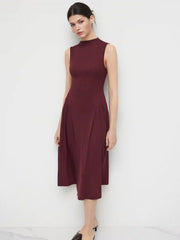 High Neck Solid Pocket Ruffle Midi Dress