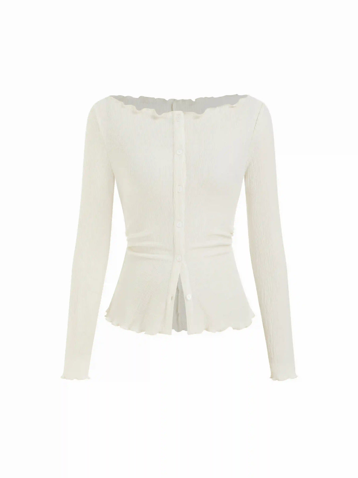 Boat Neck Lettuce Trim Button Knotted Long Sleeve Top
