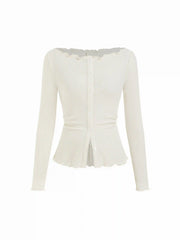 Boat Neck Lettuce Trim Button Knotted Long Sleeve Top