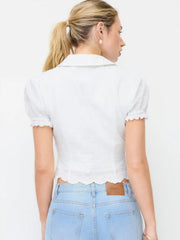 Cotton-blend Jacquard Floral Puff Sleeve Blouse
