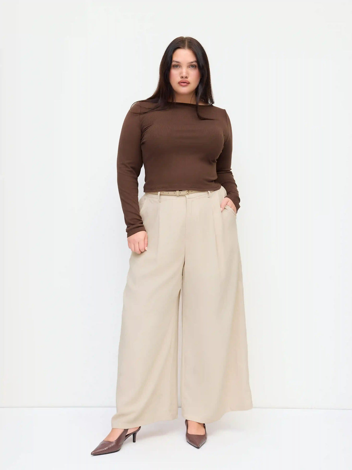 Boat Neck Long Sleeve Top & Mid Rise Straight Leg Trousers With Belt Set Curve & Plus