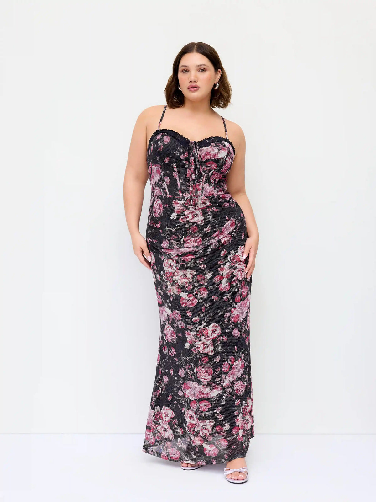 Mesh Floral Sweetheart Lace Trim Ruched Bodycon Maxi Dress Curve & Plus