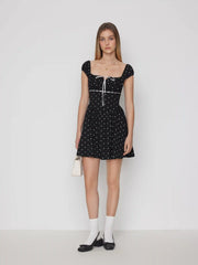 Cotton-blend Polka Dot Square Neck Bowknot A-line Mini Dress
