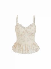 Cotton-blend Floral Sweetheart Lace Trim Peplum Cami Blouse