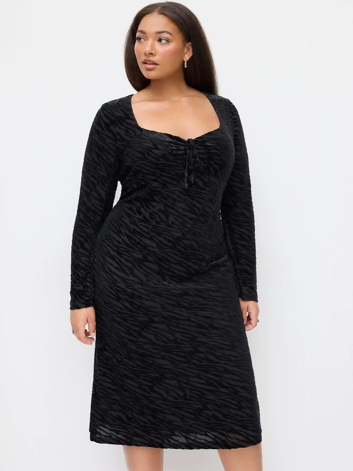Velvet Zebra Striped Sweetheart Neck Bell Sleeve Knotted Midi Dress Curve & Plus