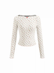 Cotton-blend Floral Pointelle Boat Neck Long Sleeve Lettuce Trim Top