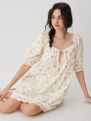 Cotton Square Neck Floral Puff Sleeve Bowknot Babydoll Mini Dress