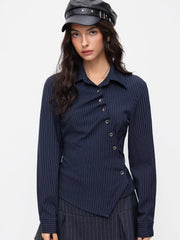 Cotton-blend Collar Check Asymmetrical Wrap Blouse